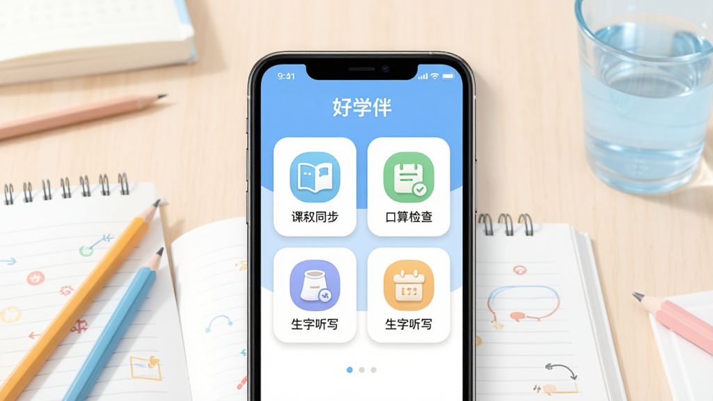 画面中央放置一部智能手机,屏幕显示“好学伴”APP主界面,界面中有课本同步、口算检查、生字听写功能图标,背景是书桌场景,桌上有铅笔、练习本、一杯水,整体布局简洁,排版居中,风格清新扁平化,细节有柔和阴影和圆角卡片,画质高清,干净,无多余元素