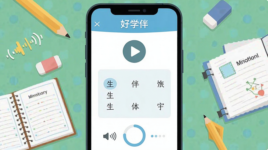 一张竖版手机屏幕截图风格插画,展示“好学伴”生字听写功能,屏幕中央有播放按钮和生字列表,周围环绕铅笔、橡皮和作业本,排版居中,风格简约扁平,细节有音量波形和进度圆环,画质清晰,干净,无多余元素
