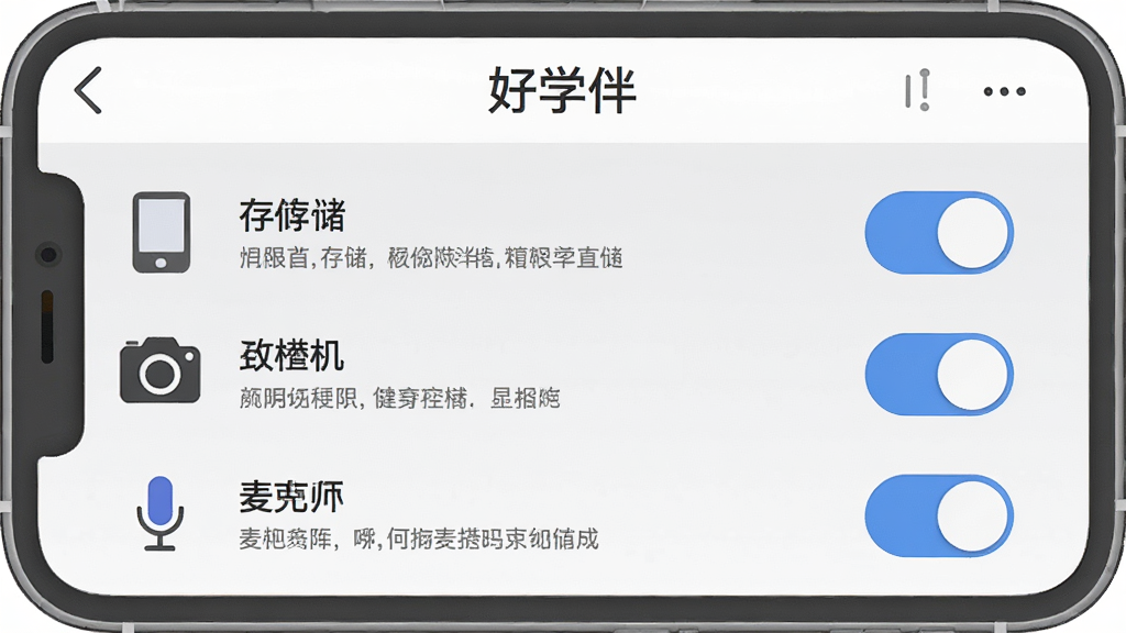 一张手机界面截图风格的插画,展示“好学伴”权限设置页面,有存储、相机、麦克风权限开关,背景是浅灰色,布局清晰,风格简约,细节有权限说明文字和图标,画质清晰,干净,无多余元素