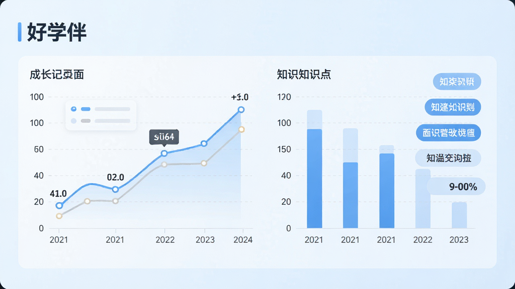 一张信息图表风格的插画,展示“好学伴”成长记录页面,有折线图、柱状图和知识点标签,背景是淡蓝色渐变,布局清晰,排版规整,风格商务简约,细节有数据标注和日期轴,画质高清,干净,无多余元素