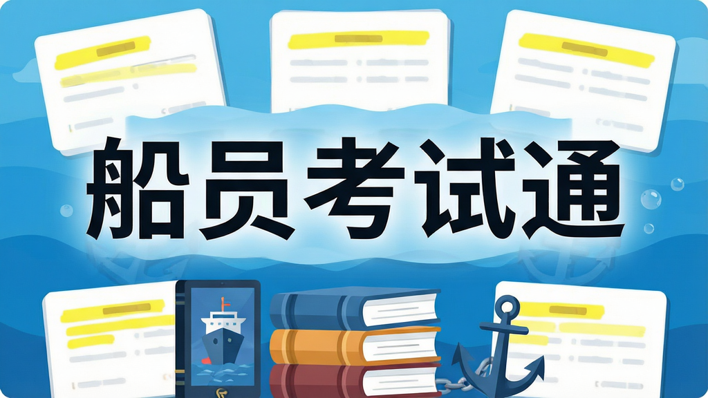 一张信息图风格的画面,主体为堆叠的题库卡片与航海元素,布局为中央大标题“船员考试通”配下方多本电子书和锚链图标,排版采用上下结构,风格为扁平插画,细节包括蓝色海洋背景、白色卡片、黄色高亮标记,画质高清,干净,无多余元素