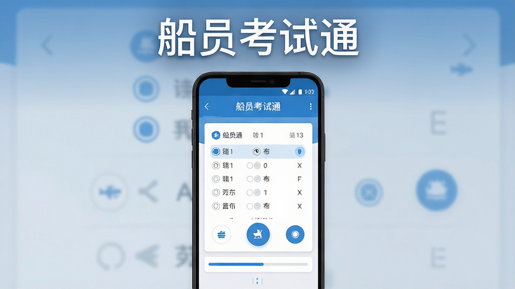 一张手机屏幕正面展示画面,主体为安卓手机,屏幕中显示“船员考试通”APP的题库练习界面,包含选择题选项和进度条,布局为手机居中放置,上方有软件名称文字“船员考试通”作为标题,排版简洁清晰,风格为现代扁平化UI设计,细节包括蓝色主色调、白色卡片、圆形答题按钮,画质高清,干净,无多余元素
