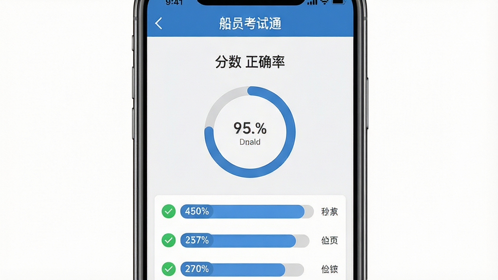一张手机应用截图展示画面,主体为“船员考试通”模拟考试结果页面,布局为手机屏幕居中,上方显示分数和环形正确率图表,下方列出各科目得分条,排版整齐,风格为清爽的移动端UI,细节包括绿色对勾图标、灰色背景、蓝色数据条,画质高清,干净,无多余元素
