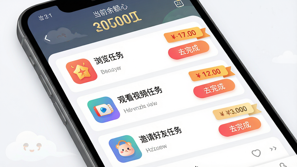 聚宝红包任务中心页面展示,手机屏幕上显示任务列表,列表项包含浏览任务、观看视频任务、邀请好友任务等,每项任务右侧有奖励金额标签和“去完成”按钮,页面顶部显示当前余额,整体布局整齐有序,风格为清新简洁的App界面,细节包括任务图标的多样化设计、按钮的渐变色彩、余额数字的醒目展示,画质高清、干净、无多余元素