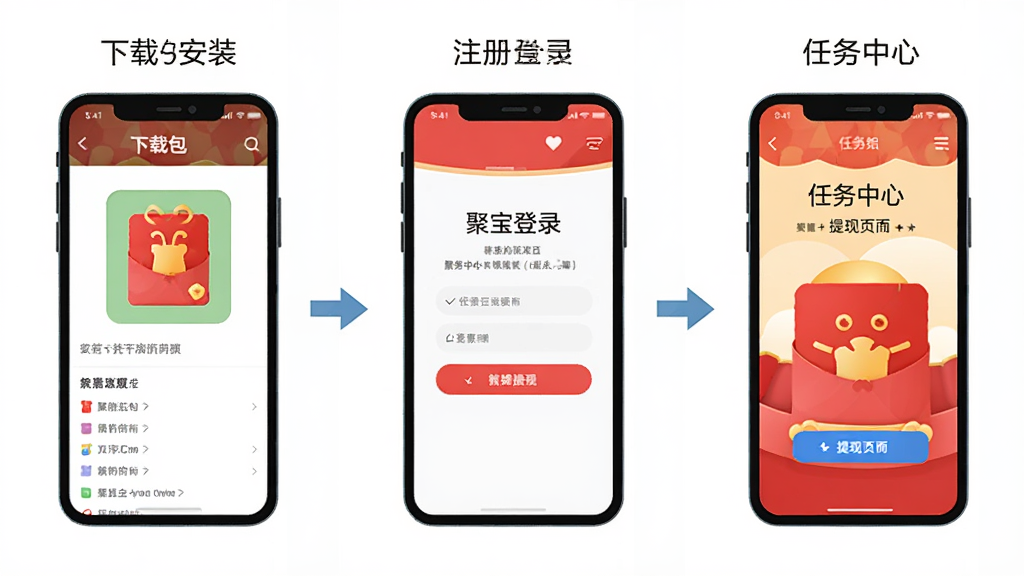 聚宝红包在安卓手机上的操作流程图,画面分为三个部分,左侧展示下载安装包界面,中间展示注册登录页面,右侧展示任务中心和提现页面,整体排版为横向三格分镜布局,风格为扁平化信息图设计,细节包括手机边框的圆角处理、页面元素的清晰标注、箭头引导的视觉流向,画质高清、干净、无多余元素