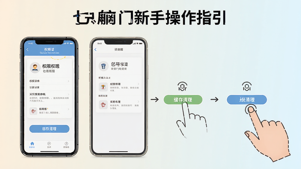 一幅展示七扇门新手操作指引的生图,画面中手机屏幕显示权限设置界面和缓存清理按钮,旁边有手指点击的示意图,背景是浅色渐变,风格清晰易懂,画质高清,无多余元素