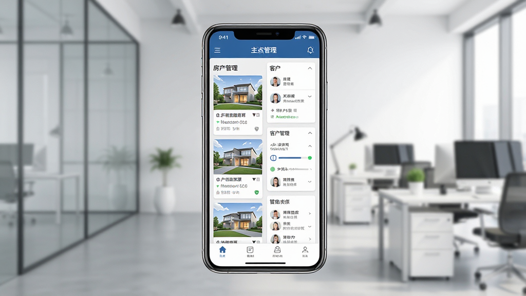 一幅展示七扇门移动端应用主界面的清晰截图,画面中央是一部智能手机,屏幕上显示着房产经纪管理界面,包含房源列表和客户信息卡片,背景是简洁的现代办公环境,风格干净商务,画质高清,无多余元素