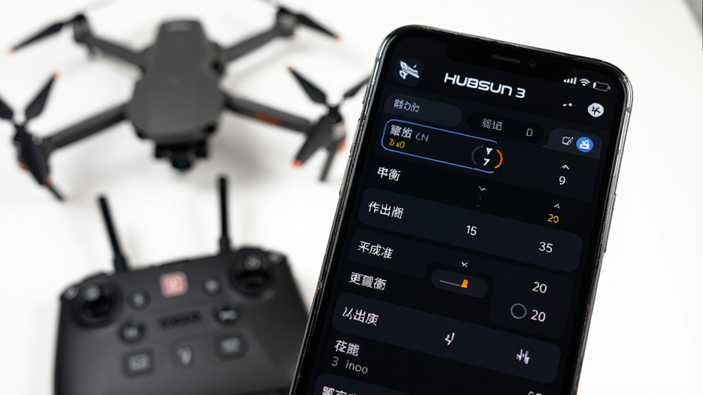 手机屏幕特写,屏幕中Hubsan 3应用的参数调节面板清晰可见,包含曝光、白平衡、分辨率等选项,背景是虚化的无人机与遥控器,整体采用深色科技风,细节锐利,画质干净无多余元素