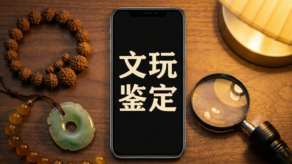 手机屏幕中央显示“文玩鉴定”四个大字,背景是木质桌面上摆放着金刚菩提手串、和田玉挂件、蜜蜡圆珠、放大镜与手电筒,暖黄色灯光从右上角打下,整体布局为竖版手机海报风格,风格写实摄影与扁平插画结合,细节包含手串纹理、玉石光泽、木质桌面纹路,画质高清、画面干净、无多余元素