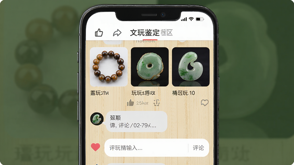 手机界面展示“文玩鉴定”的社区页面,页面中有多张文玩手串与玉石的缩略图,下方有用户评论气泡,背景为浅木色,布局为竖版手机截图风格,风格为清新扁平化UI,细节包含点赞图标、评论输入框、文玩图片缩略图,画质清晰、画面干净、无多余元素