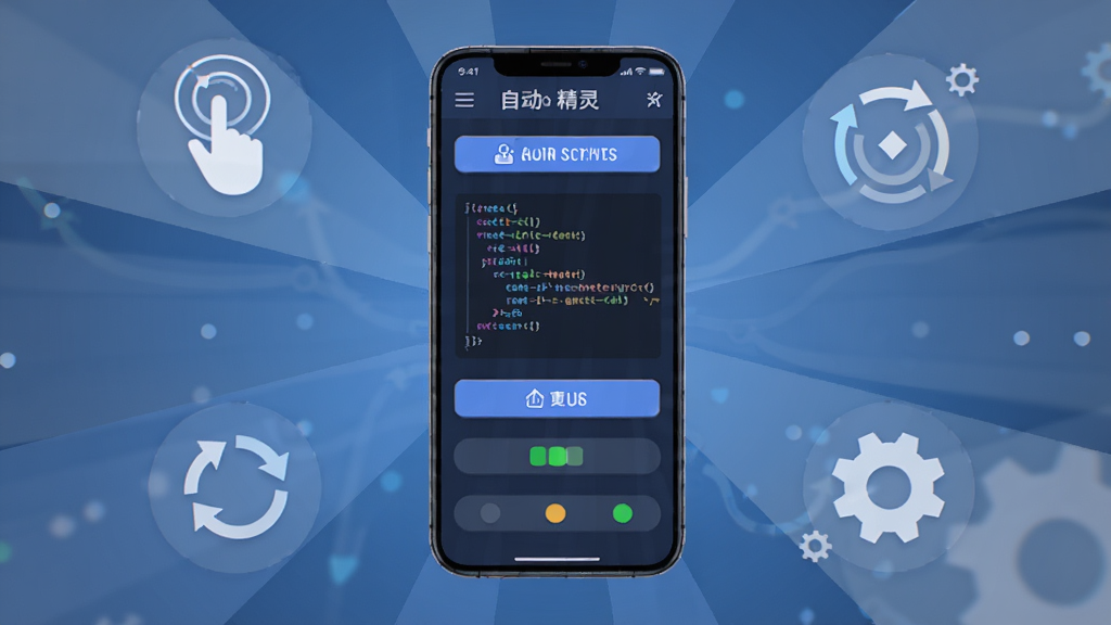 主体是一台现代智能手机,屏幕显示自动精灵软件的操作界面,布局为手机居中放置,周围环绕着代表自动点击、滑动轨迹、循环箭头和齿轮设置的半透明图标。排版采用科技感放射状构图,风格为干净的扁平化UI插画,细节包含清晰的按钮、脚本代码块和运行状态指示灯。画质高清,画面干净,无多余元素。