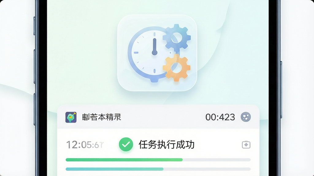 主体是手机屏幕上方悬浮着一个半透明的时钟与齿轮组合图标,下方是自动精灵的脚本运行日志界面,显示着“任务执行成功”的绿色对勾。布局为上下结构,排版简洁明快。风格为清新浅色系扁平插画,细节包含柔和的阴影、进度条和数字时间显示。画质细腻,画面干净,无多余元素。