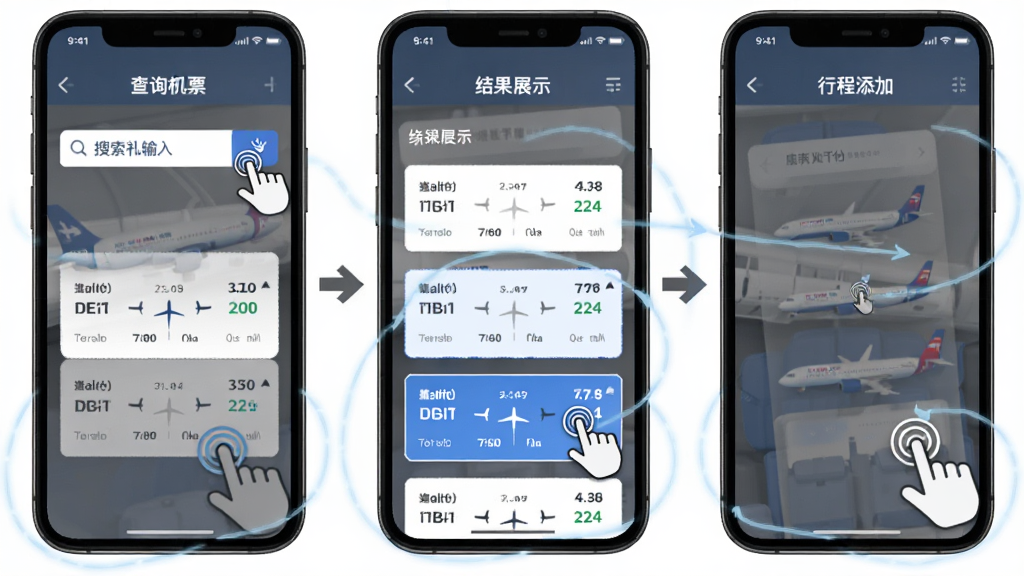 航班机票订票查询应用操作步骤示意图,主体为手机屏幕展示查询流程,布局为三步骤横向排列,排版为搜索输入、结果展示、行程添加三个画面,风格为简洁教程风,细节包括箭头指引、手指点击图标、航班卡片高亮,画质高清干净无多余元素