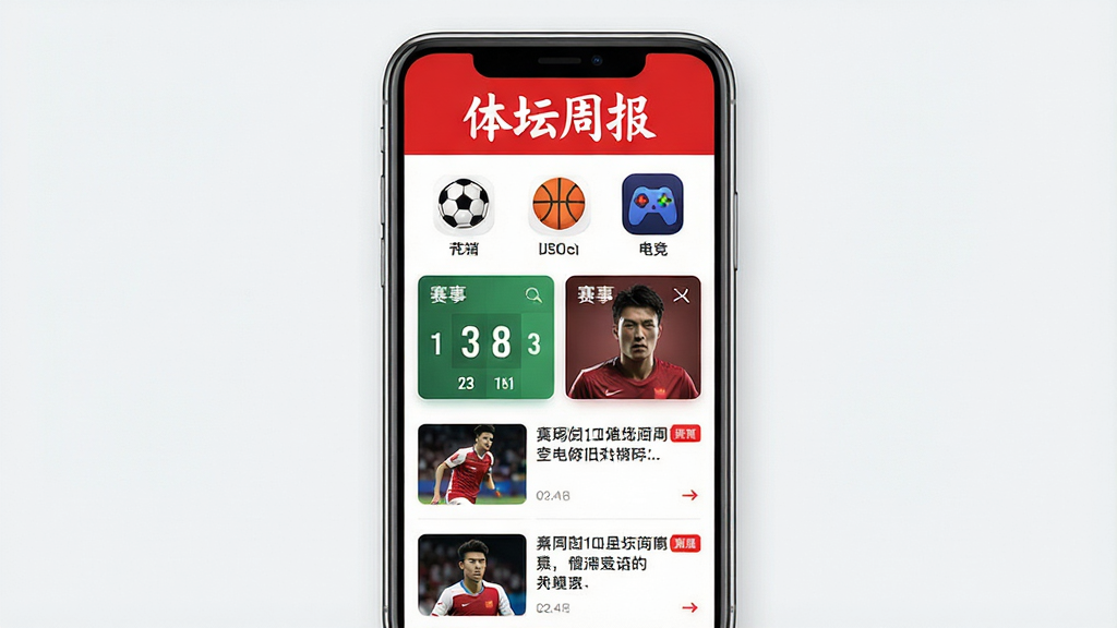 一张体坛周报App的界面展示图,主体是手机屏幕显示体育新闻首页,布局上方为红色报头“体坛周报”字样,下方排列足球、篮球、电竞等频道图标,中间展示赛事比分卡片和新闻列表,排版整齐清晰,风格现代简洁,细节包含运动员动态缩略图与红色高亮标签,画质高清,干净无多余元素。