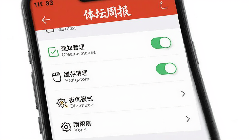 一幅AI生成的图片,主体为手机屏幕显示体坛周报App的设置界面,布局为纵向列表包含通知管理、缓存清理、夜间模式等选项,排版简洁,风格扁平化,细节包含开关按钮与箭头图标,画质高清,干净无多余元素。
