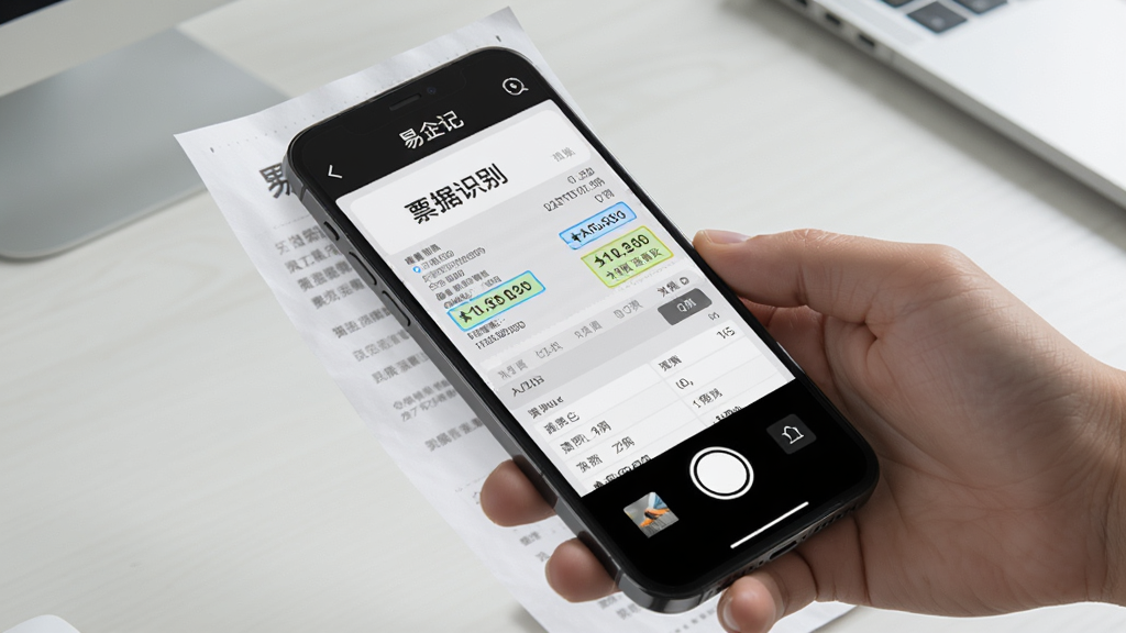 一部手机正对一张纸质发票进行拍照,手机屏幕中显示“易企记”票据识别界面,发票上的金额与日期被高亮框选并自动填入下方表格,画面采用写实科技风格,背景为简洁的办公桌面,光线柔和,突出识别精准与操作便捷,画质清晰,无杂乱元素