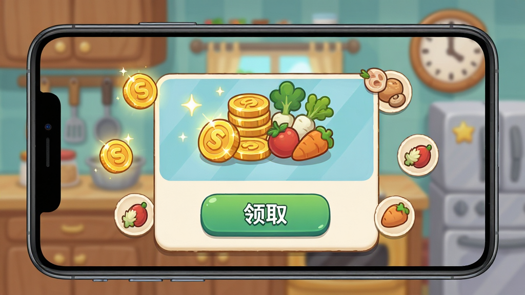 手机游戏《伯吉的温馨厨房》离线收益结算界面预览图,主体是一部智能手机屏幕显示游戏收益弹窗,布局采用居中排版,弹窗上方为金币和食材图标堆叠展示、下方为领取按钮区域,整体风格为清新卡通UI设计,细节包括金币闪光效果、食材小图标环绕、背景中模糊的厨房场景和时钟图案,画质清晰干净,无多余元素,画面中不出现文字内容。