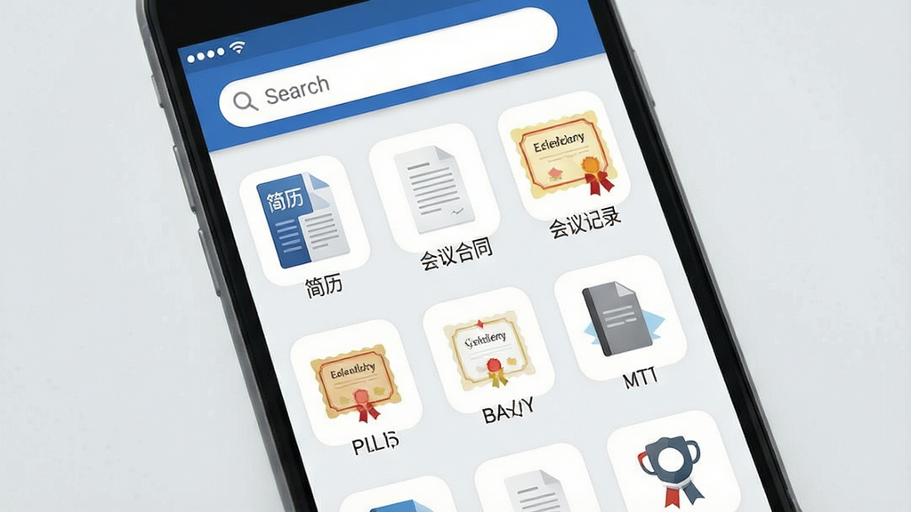 一张展示Word模板应用界面的手机屏幕截图,屏幕中央是应用主界面,顶部有搜索栏,下方是整齐排列的模板分类图标,包括简历、合同、会议记录、奖状等,界面风格简洁现代,采用蓝色和白色为主色调,背景是干净的浅灰色,画质清晰,无多余元素
