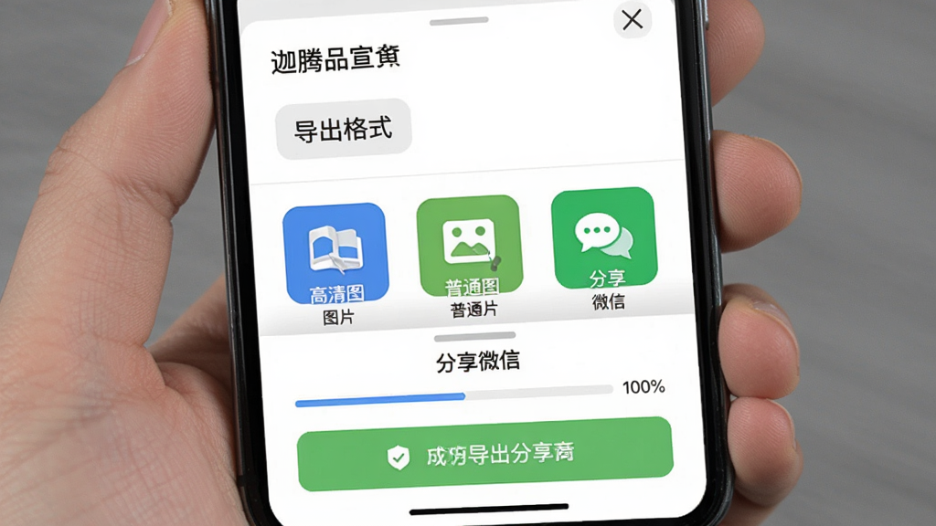 展示“迦腾品宣”导出分享界面,画面主体为手机屏幕中显示导出格式选项与分享渠道图标,包含高清图片、普通图片、分享到微信等按钮,布局采用底部弹窗式设计,风格为现代移动端交互界面,细节包含导出进度条与成功提示,画质干净清晰,无多余元素