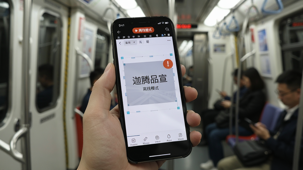 展示“迦腾品宣”离线编辑场景,画面主体为手机屏幕中显示编辑界面且顶部有离线模式标识,背景为地铁车厢或电梯间等弱网环境,布局采用人物手持手机的特写构图,风格为写实生活场景,细节包含屏幕内模板编辑状态与离线提示图标,画质干净清晰,无多余元素