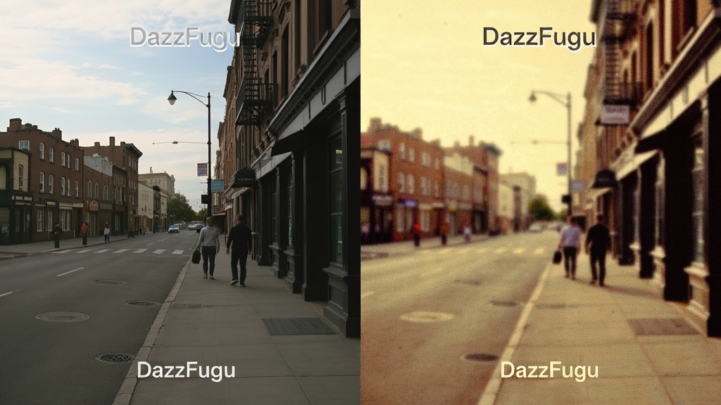 一张展示DazzFugu胶片色彩效果的对比图,左侧为普通手机拍摄的街景,右侧为DazzFugu处理后的同场景,右侧画面带有明显暖黄色调与胶片颗粒,布局为左右并排,风格为简洁对比展示,细节包含街道、行人、建筑轮廓,画质清晰干净,无多余元素