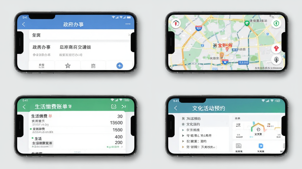 数字南京功能界面拼图,画面由四张手机截图组成,分别展示政务办事页面、交通出行地图、生活缴费账单和文化活动预约界面,每张截图带有轻微阴影悬浮效果,背景为浅灰色,整体风格统一简洁,画质清晰,无杂乱元素