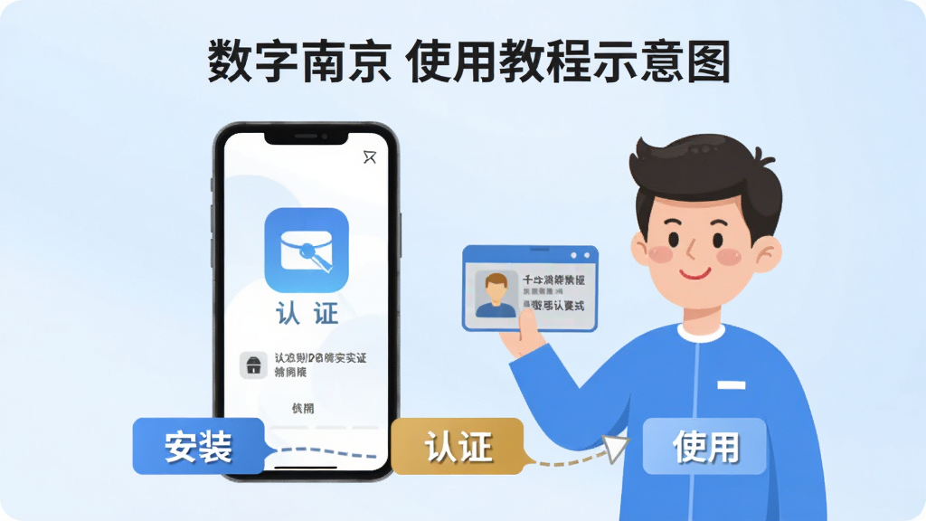 数字南京使用教程示意图,画面展示一部手机正在安装应用,手机旁有一位卡通人物手持身份证进行实名认证,背景为淡蓝色渐变,画面中包含“安装”“认证”“使用”三个步骤标签,风格扁平化,画质清晰,干净无多余元素