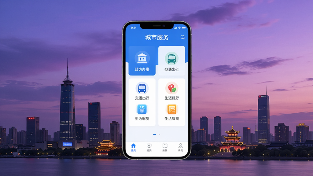 数字南京应用主界面展示图,画面中央放置一部智能手机,手机屏幕显示蓝白色调的城市服务应用首页,包含政务办事、交通出行、生活缴费等图标模块,背景是南京城市天际线与紫色晚霞,整体风格简洁现代,画质清晰干净,无多余元素