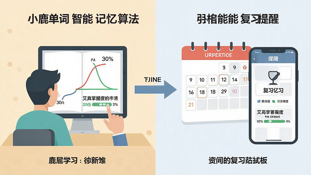 一张展示小鹿单词智能记忆算法工作流程的示意图,画面左侧是用户学习新单词的场景,右侧是日历和复习提醒界面,中间用箭头连接表示时间线,布局为左右对比式,风格扁平化信息图,细节包括艾宾浩斯曲线简化图形和单词掌握度百分比,画质清晰,干净简洁,无多余元素