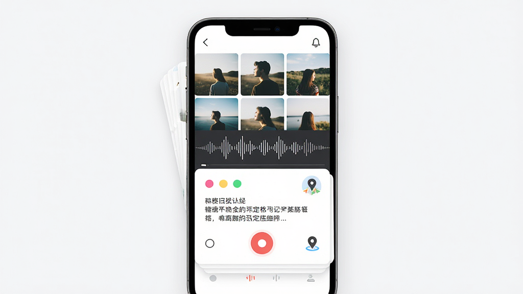 一张定格日记多媒体记录界面展示图,主体是手机屏幕内显示照片网格与语音波形,布局为上方图片下方文字卡片,排版采用卡片式堆叠,风格为现代简约UI风格,细节包括彩色心情圆点、录音按钮、地图定位小图标,画质高清、干净、无多余元素