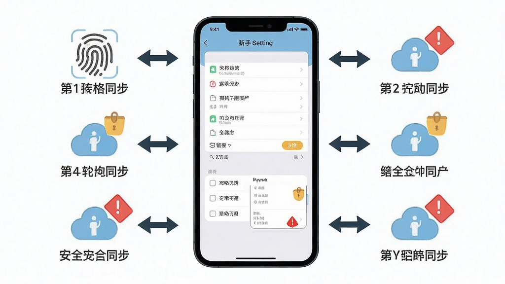 一张定格日记新手操作指引图,主体是手机屏幕显示设置菜单与安全锁选项,布局为手机居中、周围用箭头标注操作步骤,排版为纵向流程式,风格为扁平化教程插画,细节包括指纹图标、云朵同步图标、红色警示小标签,画质高清、干净、无多余元素