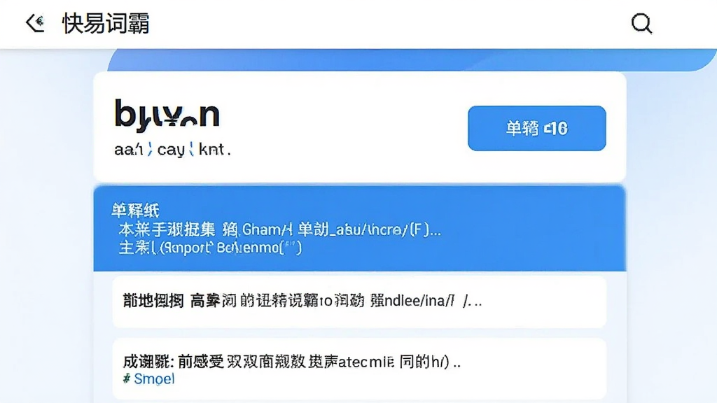 一张展示快易词霸单词详情页的图片,画面中显示单词拼写、音标、发音按钮、中文释义、双语例句列表,界面排版清晰,配色以白色和蓝色为主,风格简洁大方,细节清晰,画质高清,干净无多余元素