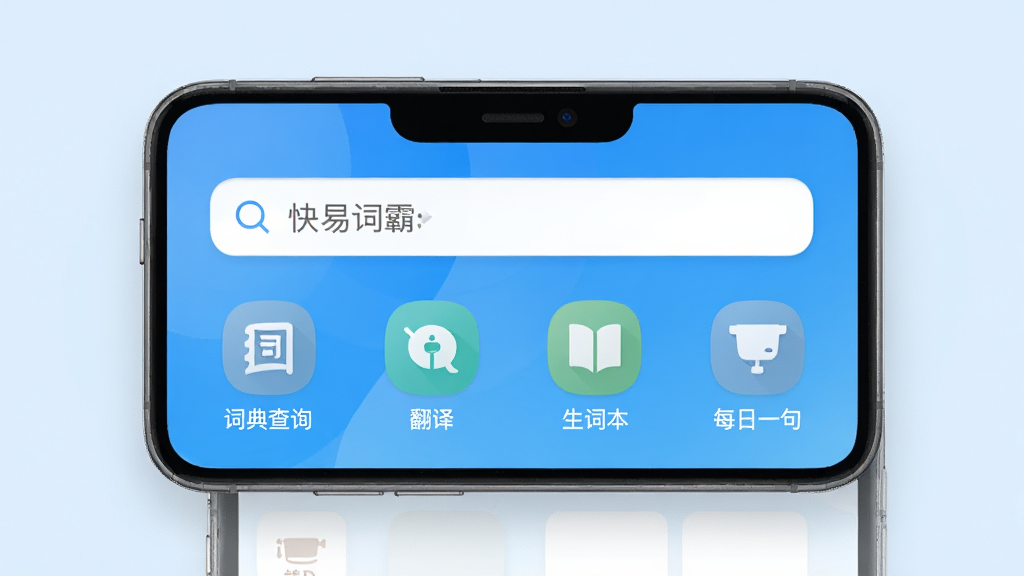 一张展示快易词霸手机应用主界面的图片,画面中央是软件首页,顶部有搜索框,下方排列着词典查询、翻译、生词本、每日一句等功能入口图标,背景为干净的浅蓝色渐变,风格简约现代,细节清晰,画质高清,干净无多余元素