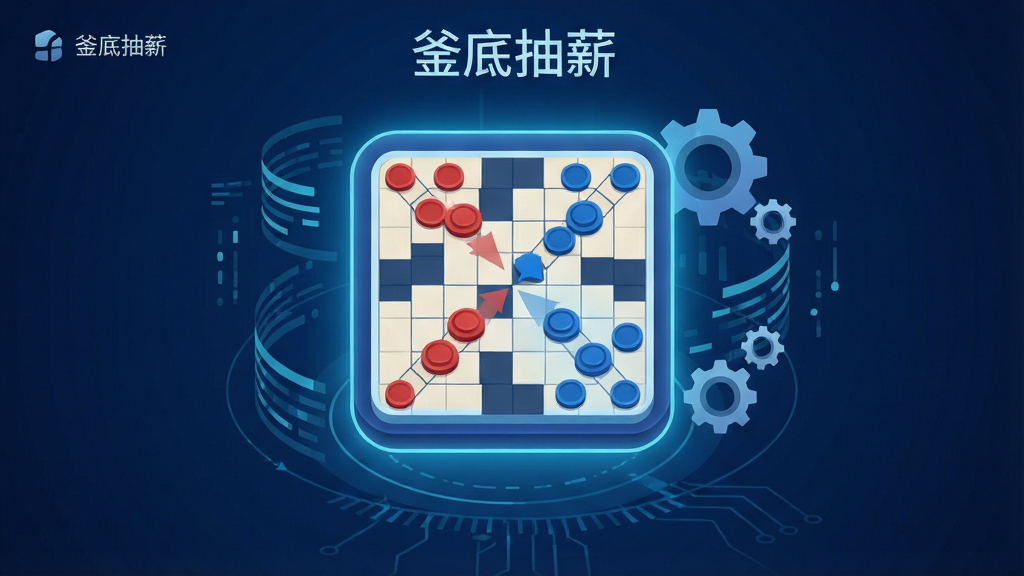 一款名为“釜底抽薪”的安卓手机应用界面展示,主体为深蓝色科技感背景,中央悬浮着一个发光的策略棋盘图标,棋盘上有红蓝两色棋子,布局呈现对峙状态,周围环绕着数据流与齿轮元素,画面风格为扁平化插画,细节清晰,画质干净,无多余杂乱元素,整体色调冷静专业,突出策略与智慧感