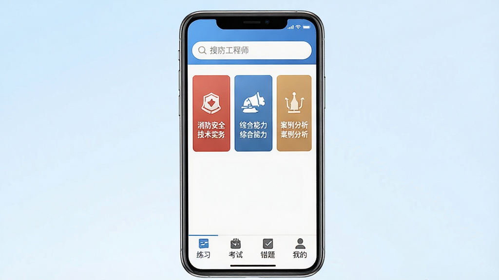 一张手机屏幕正面展示消防工程师APP首页界面的图片,画面中央是手机竖屏,屏幕上显示消防工程师应用的主页,顶部有搜索栏,中部有消防安全技术实务、综合能力、案例分析三个科目入口卡片,底部有练习、考试、错题、我的四个导航按钮,背景是干净的浅蓝色渐变,整体风格简洁清爽,屏幕中文字为中文,画质清晰,无多余元素