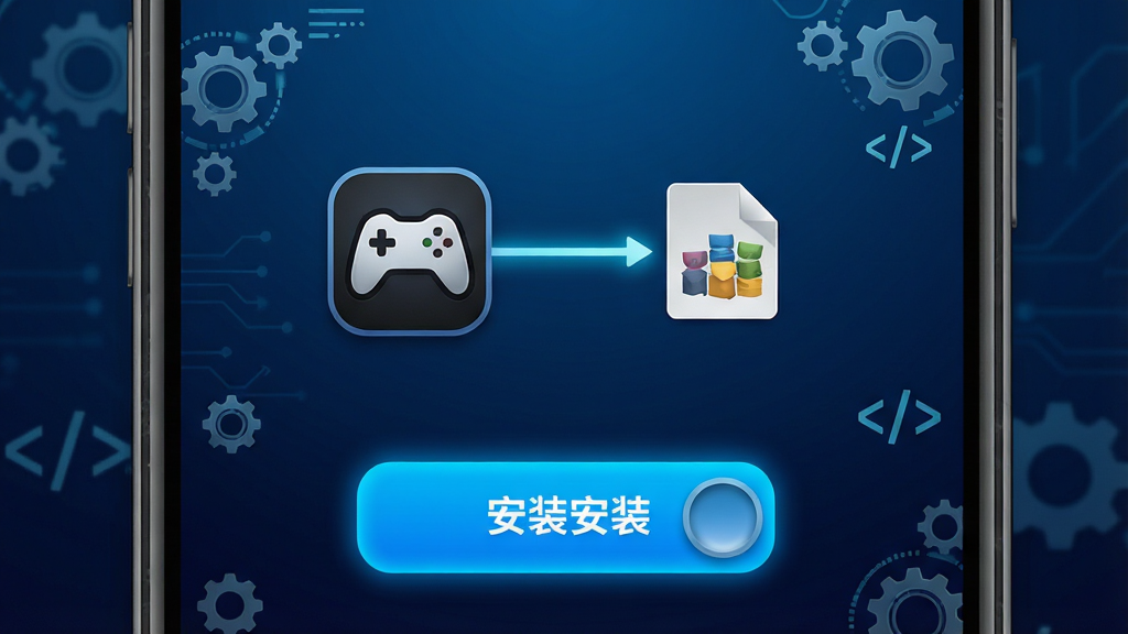 MOD Care 软件内模组一键安装界面,手机屏幕特写,屏幕中央是一个游戏图标和一个模组文件图标之间有一条发光的连接线,下方有安装按钮,按钮为亮蓝色,屏幕周围有少量齿轮和代码符号装饰,布局为上下结构,风格为简洁科技感,细节上按钮有轻微按压效果,背景为深蓝色渐变,画质清晰,干净,无多余元素