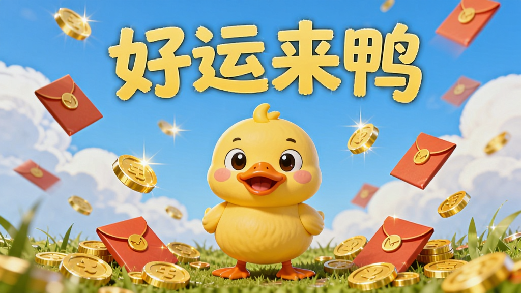 一只卡通黄色鸭子站在堆满金币和红包的草地上,背景是明亮的蓝天白云,画面中央上方写着