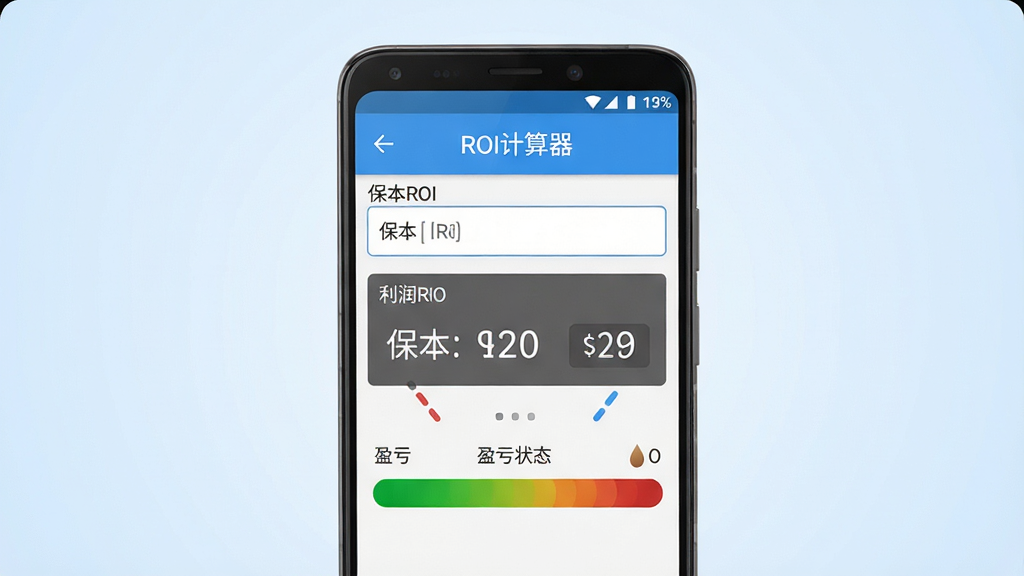 ROI计算器软件主界面预览图,画面中央展示一部安卓手机,手机屏幕上显示ROI计算器应用界面,界面布局包含保本ROI输入框、利润测算结果展示区与盈亏状态指示条,背景为干净的浅蓝色渐变,风格简洁商务,细节清晰,画质干净无多余元素,图片中文字必须加引号如