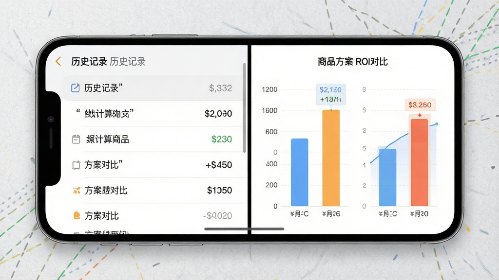 ROI计算器历史记录与方案对比界面图,画面展示手机屏幕分屏效果,左侧为历史测算记录列表,右侧为两个商品方案的ROI对比柱状图,背景为浅灰色纹理,风格简约清爽,细节清晰,画质干净无多余元素,图片中文字必须加引号如