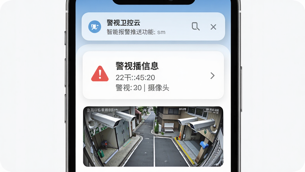 警视卫监控云智能报警推送功能展示,主体为手机屏幕弹出报警通知卡片,布局为上方通知栏下方监控画面缩略图,排版突出报警信息,风格为现代扁平化设计,细节包含红色警示图标、时间显示、摄像头名称,画质高清干净无多余元素