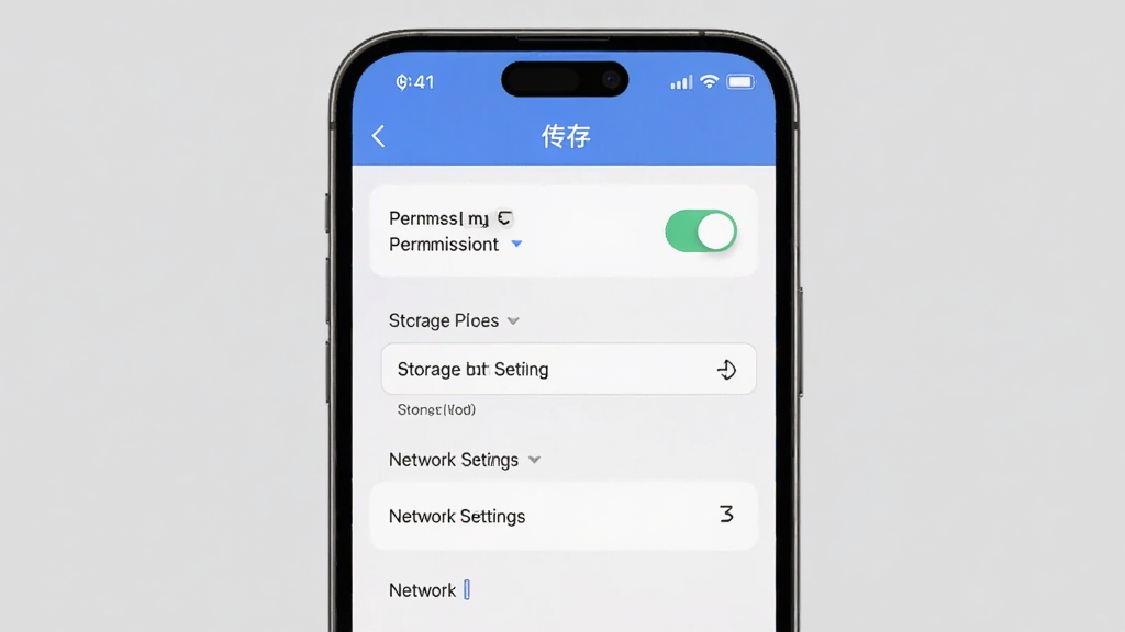 一张展示传存软件使用技巧的预览图,主体为手机屏幕显示传存设置界面,布局竖向排版,风格清新简约,细节包括权限开关、存储路径选择、网络设置选项,画质高清,干净,无多余元素。
