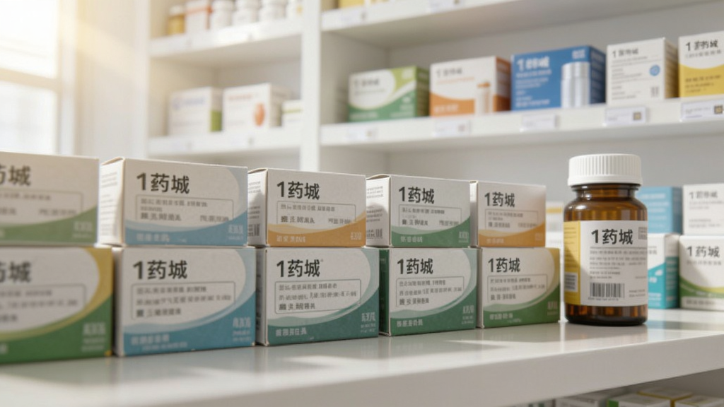 画面主体为一排整齐排列的药盒与一瓶药瓶,药盒上隐约可见“1药城”字样标签。背景为白色药房货架,货架上分类摆放着不同颜色的药品包装。布局采用横向排列,光线从左上角柔和照射。风格为写实摄影质感,细节丰富,画质清晰干净,无多余元素。