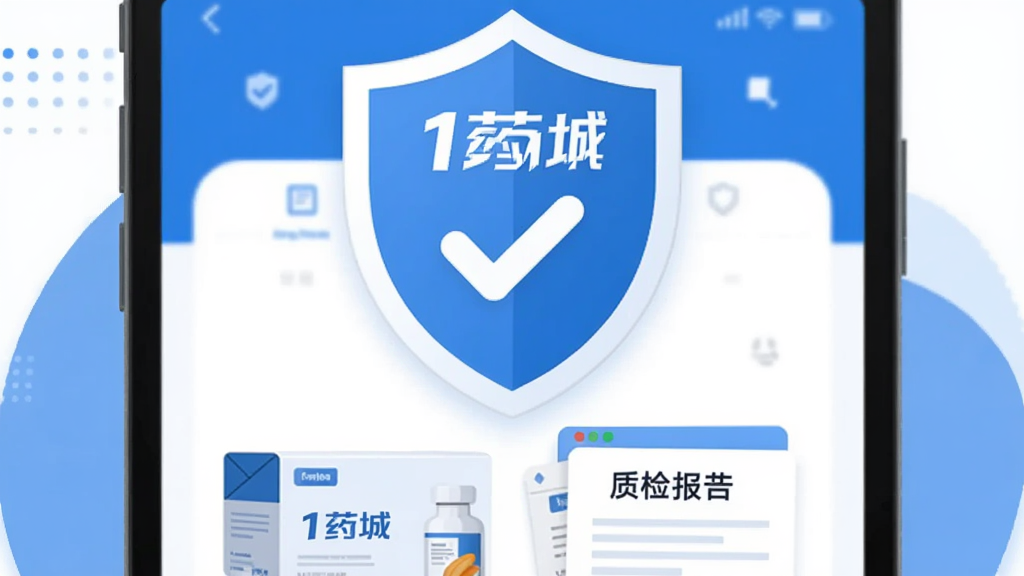 画面展示一个盾牌形状的认证图标悬浮在“1药城”APP界面上方,盾牌内有对勾符号。下方有药品包装盒和质检报告单元素。布局为上下结构,盾牌居中突出。风格为扁平化安全主题插画,配色以蓝白为主,画质干净简洁,无多余装饰。