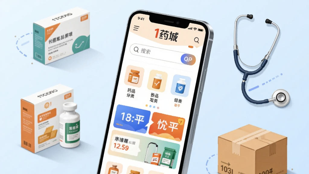 画面中央是一部智能手机,屏幕上显示“1药城”APP首页界面,页面中有药品分类图标、搜索框和促销横幅。手机周围环绕着药盒、听诊器、快递箱等元素,背景为浅蓝色渐变。布局采用中心构图,手机略微倾斜展示立体感。风格为扁平化科技插画,细节清晰,画质干净明亮,无多余杂乱元素。