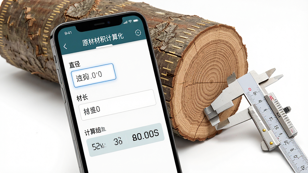 一张展示木材助手原木材积计算功能的详细图片,画面中央是一部手机,手机屏幕上显示原木材积计算界面,界面中清晰展示直径输入框、材长输入框和计算结果数据,手机旁边放置着一根标有刻度线的原木和一把卡尺,整体布局为产品功能展示构图,排版突出计算界面,风格为写实科技风格,细节包含手机屏幕上的数字清晰可见、原木截面的年轮纹理、卡尺的精密刻度,画质为高清产品摄影级别,画面干净无多余元素
