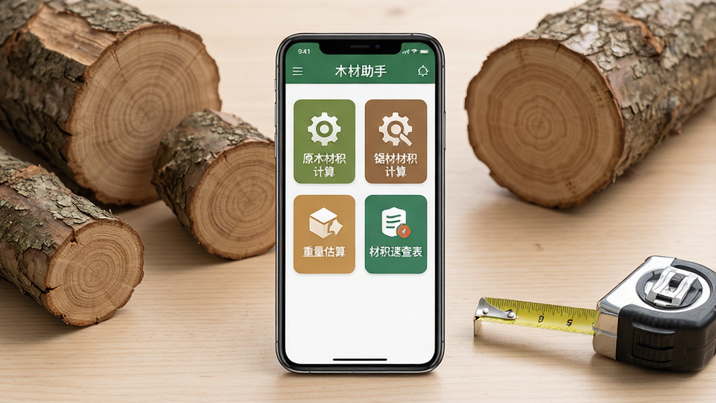 一张展示木材助手手机应用主界面的详细图片,画面中央是一部竖屏智能手机,手机屏幕上显示木材助手APP的首页界面,界面包含原木材积计算、锯材材积计算、重量估算、材积速查表等功能入口图标,背景是干净整洁的木纹桌面,手机旁边散落着几根不同直径的原木段和一把卷尺,整体布局为居中构图,排版清晰明了,风格为写实产品展示风格,细节包含手机屏幕的高清显示效果、木材的纹理质感、卷尺的金属光泽,画质为高清摄影级别,画面干净整洁无多余元素