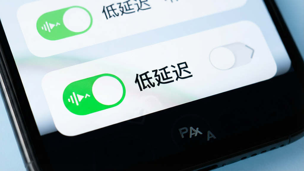 一张展示“PAXA”低延迟播放模式的生图,主体为手机屏幕上的开关按钮,按钮旁有“低延迟”文字,布局为简洁的列表项,风格为清爽浅色卡片风,细节包括开关的绿色高亮状态与图标,背景为白色到浅蓝渐变,画质高清,干净,无多余元素