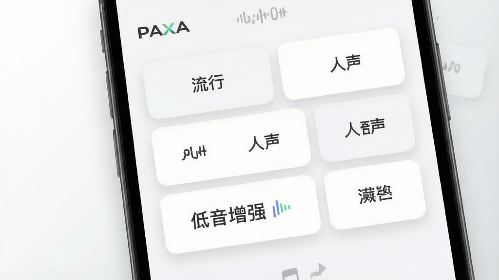 一张展示“PAXA”智能音效增强功能的生图,主体为手机屏幕上的音效选择卡片,卡片上写有“流行”“人声”“低音增强”等文字,布局为三列网格排列,风格为扁平化浅色UI,细节包括卡片圆角与轻微投影,背景为干净的白色到浅灰渐变,画质高清,干净,无多余元素