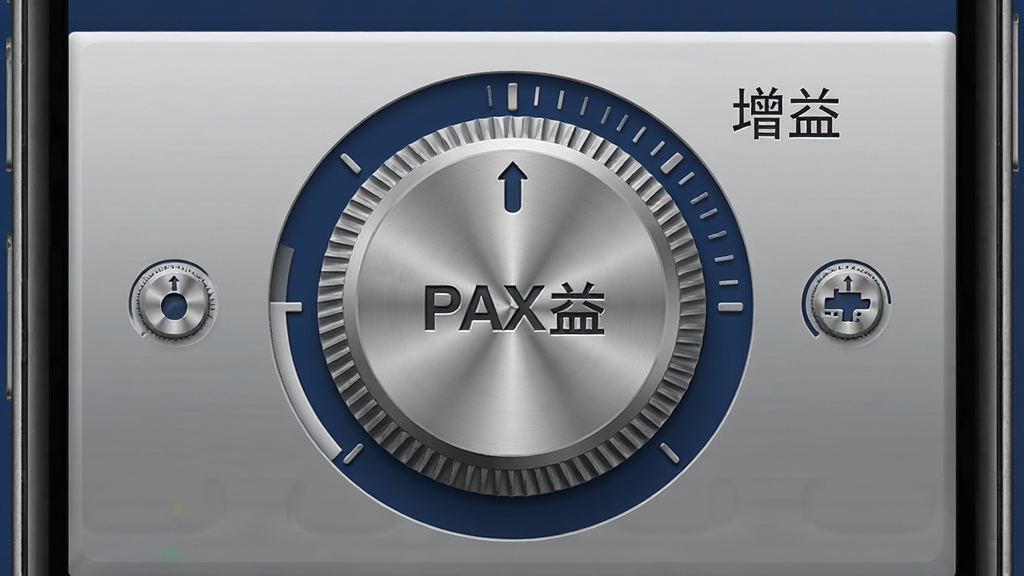 一张展示“PAXA”音量增益功能的生图,主体为手机屏幕上的圆形音量旋钮,旋钮旁有“增益”文字标识,布局为居中大旋钮加两侧小图标,风格为拟物化金属质感,细节包括旋钮的防滑纹理与刻度,背景为深蓝色背景板,画质高清,干净,无多余元素