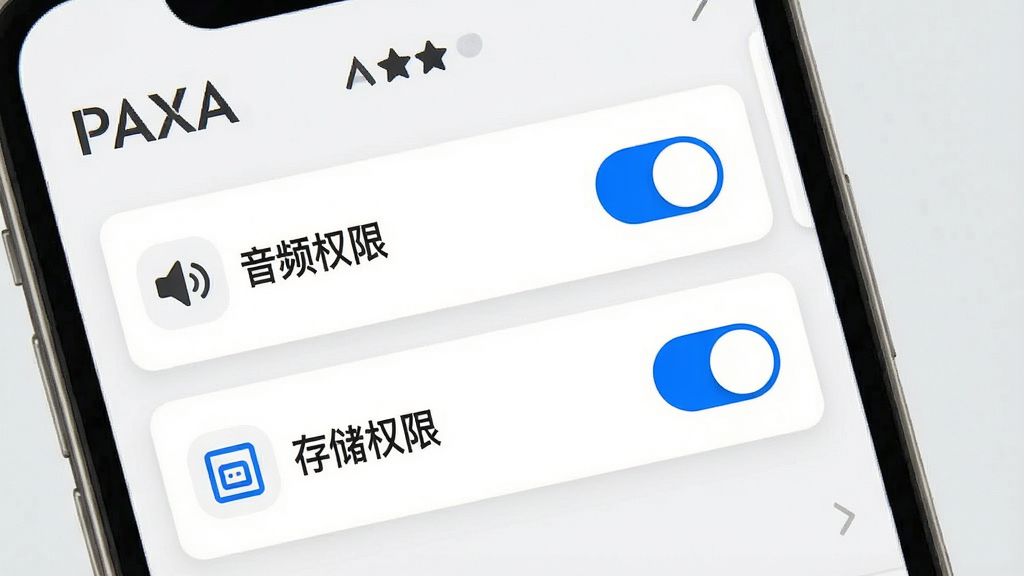 一张展示“PAXA”使用指南的示意图,主体为手机屏幕上的权限设置页面,页面中有“音频权限”和“存储权限”开关,布局为上下排列的列表,风格为简洁白色卡片风,细节包括开关的蓝色高亮状态与图标,背景为浅灰纯色,画质高清,干净,无多余元素